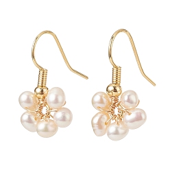 Golden Natural Cultured Freshwater Pearl Flower Dangle Earrings, Copper Wire Wrap Beads Earring for Women, Golden, 22x20x4mm, Pin: 0.6mm