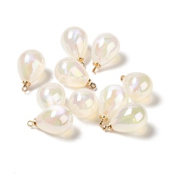 White UV Plating Acrylic Pendants, with Light Gold Tone Brass Findings, Teardrop Charm, White, 19.5x12mm, Hole: 1.6mm