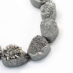 Platinum Plated Electroplate Natural & Dyed Druzy Quartz Crystal Bead Strands, Nuggets, Platinum Plated, 13~29x10~23x10~20mm, Hole: 2mm, about 15~27pcs/strand, 15.7 inch