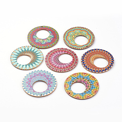 Mixed Color Printed Wooden Big Pendants, Flat Round with Pattern, Mixed Color, 60x1~2mm, Hole: 1mm