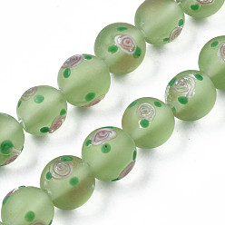 Medium Sea Green Handmade Frosted Lampwork Beads Strands, Round with Flower, Medium Sea Green, 11~12mm, Hole: 1.4mm, about 45pcs/strand, 19.69 inch(50cm)