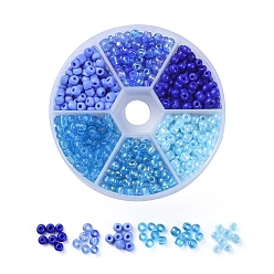 Bleu 6/0 perles de rocaille de verre, couleurs opaques et couleurs transparentes arc-en-ciel et couleurs opaques et transparentes et trans. couleurs arc-en-ciel et ceylon, ronde, bleu, 6/0, 4mm, trou: 1~1.5 mm, 60 g / boîte, environ 600 pièces / boîte