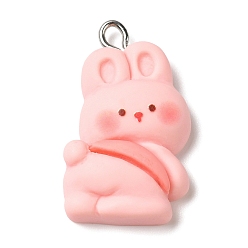 Rabbit Cute Pet Opaque Resin Pendants, Animal Charms with Platinum Plated Iron Loops, Rabbit, 28x17.5x6.5mm, Hole: 4x2mm