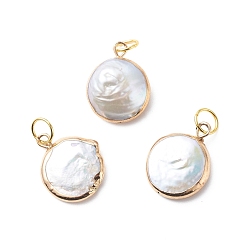 Golden Electroplate Natural Baroque Pearl Keshi Pearl Pendants, Cultured Freshwater Pearl, with 304 Stainless Steel Jump Rings, Flat Round Charm, Golden, 18x15x3.5mm, Jump Ring: 6x0.8mm, Inner Diameter: 4.5mm