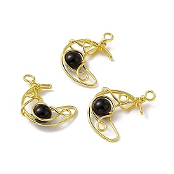 Obsidian Natural Obsidian Pendants, Moon Charms, with Rack Plating Golden Tone Brass Findings, Cadmium Free & Lead Free, 31.5~33x22x8.5mm, Hole: 2.5~3mm