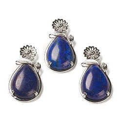 Lapis Lazuli Naturelles lapis-lazuli pendentifs, avec les accessoires en laiton, fleur avec larme, 56x28x8mm, Trou: 5x2.5mm