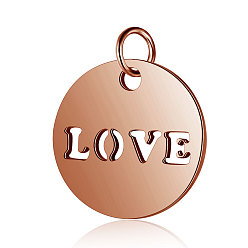 Rose Gold 304 Stainless Steel Charms, Flat Round with Word LOVE, Rose Gold, 12x1mm, Hole: 2.5mm