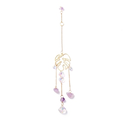 Golden Hanging Crystal Aurora Wind Chimes, with Prismatic Pendant, Leaf-shaped Iron Link and Natural Amethyst, for Home Window Lighting Decoration, Golden, 315mm