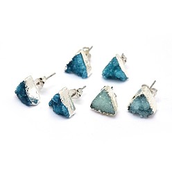 Deep Sky Blue Natural Druzy Quartz Crystal Stud Earring, with Brass Findings, Triangle, Silver Color Plated, Deep Sky Blue, 10x11x4~7mm, Pin: 0.7mm