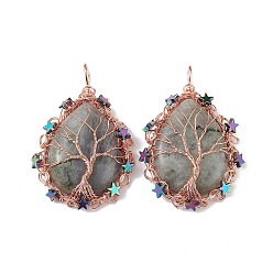 Labradorite Natural Labradorite Big Pendants, Teardrop Charms, with Rack Plating Rose Gold Plated Copper Wire Tree and Non-magnetic Hematite Star Beads, Cadmium Free & Lead Free, 63~65x39~43x9~11mm, Hole: 6~6.5x4.5~5mm