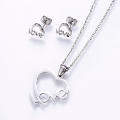 Stainless Steel Color 304 Stainless Steel Jewelry Sets, Stud Earrings and Pendant Necklaces, Heart with Word Love, For Valentine's Day, Stainless Steel Color, Necklace: 17.7 inch(45cm), Stud Earrings: 9.5x9.5x1.2mm, Pin: 0.8mm