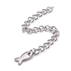 Stainless Steel Color 304 Stainless Steel Chain Extender, Curb Chain, with 202 Stainless Steel Charms, Fish, Stainless Steel Color, 60~65mm, Link: 3.7x3x0.5mm; Fish: 8x3.8x1mm