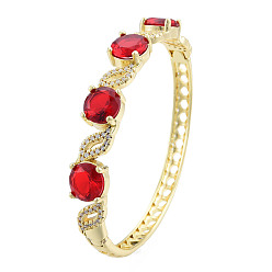 Red Cubic Zirconia Flat Round & Leaf Hinged Bangle, Real 18K Gold Plated Brass Jewelry for Women, Red, Inner Diameter: 2x2-3/8 inch(5.2x6cm)
