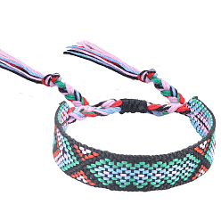 Medium Aquamarine Polyester-cotton Braided Rhombus Pattern Cord Bracelet, Ethnic Tribal Adjustable Brazilian Bracelet for Women, Medium Aquamarine, 5-7/8~11 inch(15~28cm)