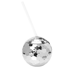 Silver Disco Ball Cup with Lid and Straw,  Cute Sparkly Glitter Cocktail Cup, for Party Supplies, Silver, 105mm