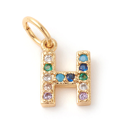 Letter H Brass Micro Pave Colorful Cubic Zirconia Charms, Golden, Letter.H, 9x6x2mm, Hole: 3mm