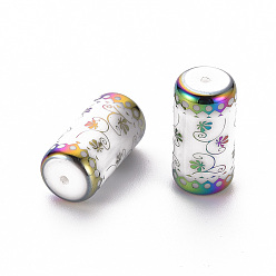 Colorful Electroplate Glass Beads, Column with Flower Pattern, Colorful, 20x10mm, Hole: 1.2mm, 50pcs/bag