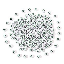 Vert Mer Moyen Perles acryliques opaques blanches, plat rond avec coeur & fleur & lune & étoile, vert de mer moyen, 7x4mm, Trou: 1.6mm, 200 pièces / kit