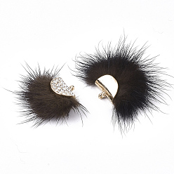 Brun De Noix De Coco Décorations pendantes de pompon en fausse fourrure de vison, avec strass et les accessoires en alliage, fan, or, brun coco, 24~28x29~34x8mm, Trou: 1.5mm