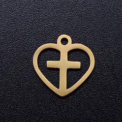 Oro 201 encantos huecos de acero inoxidable, encantos del corazón crosslet, corazón con la cruz, dorado, 12x12x1 mm, agujero: 1.5 mm