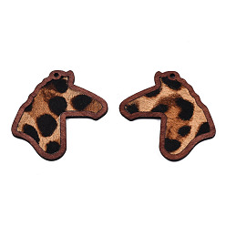 Camel Eco-Friendly Cowhide Leather Big Pendants, with Dyed Wood, Horse Head with Leopard Print Pattern, Camel, 53.5x42x3mm, Hole: 2mm