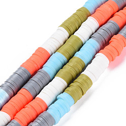 Mixed Color Fixed 5 Color Handmade Polymer Clay Bead Strands, Heishi Beads, Disc/Flat Round, White & Gray & Olive & Coral & Light Sky Blue, 6x0.3~1.5mm, Hole: 1.6~1.8mm, about 265~354pcs/strand, 12.76 inch~15.67 inch(32.4cm~39.8cm)
