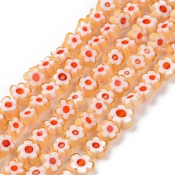 Verge D'or Main millefiori perles de verre brins, fleur, verge d'or, 5.5~8x2.5mm, Trou: 1mm, Environ 64~67 pcs/chapelet, 15.75 pouces ~ 16.34 pouces (40~41.5 cm)