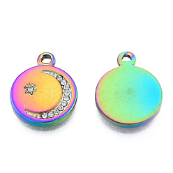 Rainbow Color 304 Stainless Steel Pendants, with Crystal Rhinestone, Flat Round with Moon & Star, Rainbow Color, 19x15.5x2.5mm, Hole: 1.6mm