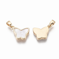 Seashell Color Brass Charms, with Freshwater Shell, Nickel Free, Real 18k Gold Plated, Butterfly, Seashell Color, 10.5x14x3mm, Hole: 2x4mm