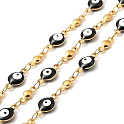 Black Enamel Flat Round with Evil Eye Link Chains, with Gold Plated 304 Stainless Steel Findings, Unwelded, with Spool, Black, 11x6x3mm, 8x3x2mm