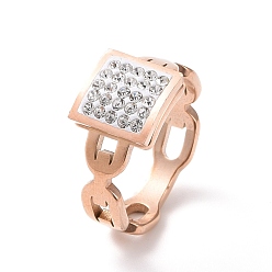 Rose Gold Crystal Rhinestone Rectangle Finger Ring, Ion Plating(IP) 304 Stainless Steel Jewelry for Women, Rose Gold, US Size 6~9(16.5~18.9mm)
