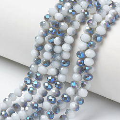 Blanc Fumé Galvanoplastie opaques couleur unie perles de verre brins, demi-plaqué, bleu plaqué, facette, rondelle, fumée blanche, 8x6mm, Trou: 1mm, Environ 65~68 pcs/chapelet, 15.7~16.1 pouce (40~41 cm)