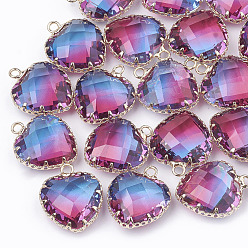 Purple K9 Glass Pendants, Imitation Tourmaline, with Golden Tone Brass Findings, Faceted, Heart, Purple, 20x16.5x8mm, Hole: 2mm