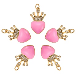 Perlas de Color Rosa 5 colgantes de zirconia cúbica micro pavé de latón ecológicos, con esmalte y anillo de salto, real 18 k chapado en oro, larga duración plateado, el corazón y la corona, rosa perla, 25x14.5x4 mm, agujero: 3.6 mm