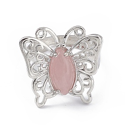 Rose Quartz Natural Rose Quartz Butterfly Adjustable Ring, Platinum Brass Jewelry for Women, Cadmium Free & Lead Free, US Size 8 1/2(18.5mm)