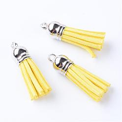 Yellow Faux Suede Tassel Pendant Decorations, with CCB Plastic Cord Ends, Platinum, Yellow, 35~37x10mm, Hole: 1.8mm