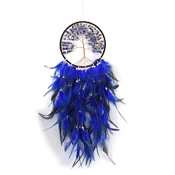 Sodalite Natural Sodalite Tree of Life Hanging Ornaments, Woven Web/Net with Feather Pendant Decorations, 600x160mm
