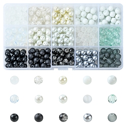 Noir 375 pcs 15 style imitation jade & perle & cuisson perles de verre peintes, pour la fabrication de bijoux en perles, ronde, noir et blanc, 8~9mm, Trou: 1~1.6mm, environ 25 pièces / style