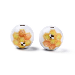 Bees Bees Theme Printed Wooden Beads, Round, Gold, Bees Pattern, 15.5~16x15mm, Hole: 3.5mm