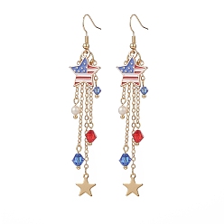 Colorful Independence Day Alloy Enamel Star Tassel Dangle Earrings, Natural  Shell Pearl Beaded Long Chains Drop Earrings, Golden Brass Jewelry for Women, Colorful, 85mm, Pin: 0.7mm