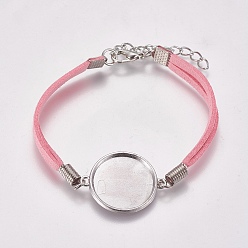 Pink Suede Bracelet Making, with Alloy Tray Settings and Iron Chains, Flat Round, Platinum, Pink, 8-1/8 inch~8-1/4 inch(20.5~21cm), Tray: 20mm