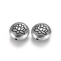 Thai Sterling Silver Plated Tibetan Style Alloy Beads, Flat Round with Lotus, Lead Free & Nickel Free & Cadmium Free, Thailand Sterling Silver Plated, 14x6.5mm, Hole: 1mm