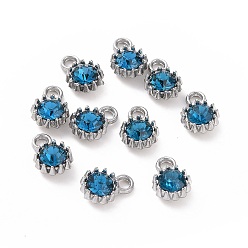 Circón Azul Aleación de cristal rhinestone encantos, encantos de piedra de nacimiento, plano y redondo, Platino, circón azul, 10.5x7.5x4 mm, agujero: 2.1 mm