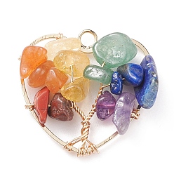 Light Gold Chakra Natural Gemstone Chip Pendants, Natural Amethyst & Green Aventurine & Lapis Lazuli & Citrine & Red Aventurine & Red Jasper, with Copper Wire Wrapped, Heart with Tree, Light Gold, 25.5x27x8mm, Hole: 2mm