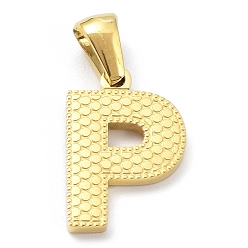 Letter P Revestimiento de iones (ip) 316l colgantes de acero inoxidable quirúrgico, real 18 k chapado en oro, encanto de la letra, textura, letra p, 16.5x11x1.6 mm, agujero: 3.5 mm