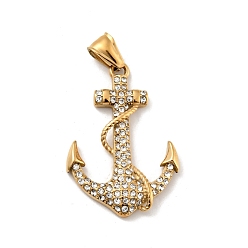 Oro Revestimiento iónico (ip) 304 colgantes de acero inoxidable, con diamante de imitación, ancla del barco, dorado, 41x28.5x5.5 mm, agujero: 4x8 mm
