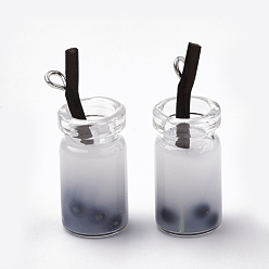 WhiteSmoke Glass Bottle Pendants, with Resin Inside, Imitation Bubble Tea/Boba Milk Tea, WhiteSmoke, 27x12x10mm, Hole: 1.8mm