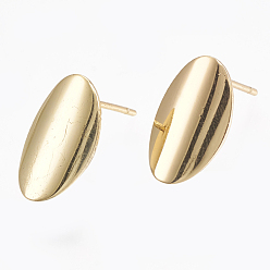 Real 18K Gold Plated Brass Stud Earring Findings, with Loop, Real 18K Gold Plated, Oval, 14x8mm, Hole: 2mm, Pin: 0.7mm