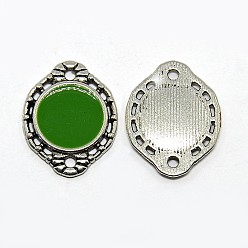 Green Oval Antique Silver Tone Alloy Enamel Links connectors, Green, 18x15x1.5mm, Hole: 1mm