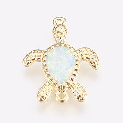 Blanc Floral Connecteurs de liens d'opale synthétique, avec les accessoires en laiton, tortue, or, floral blanc, 17x13x2mm, Trou: 1mm